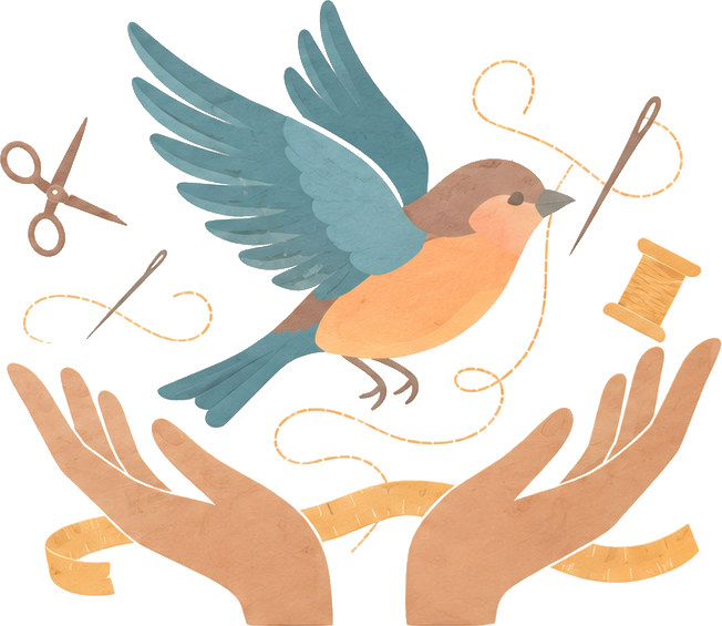 Capable Sparrow illustration — a sparrow alighting on open hands with sewing motifs