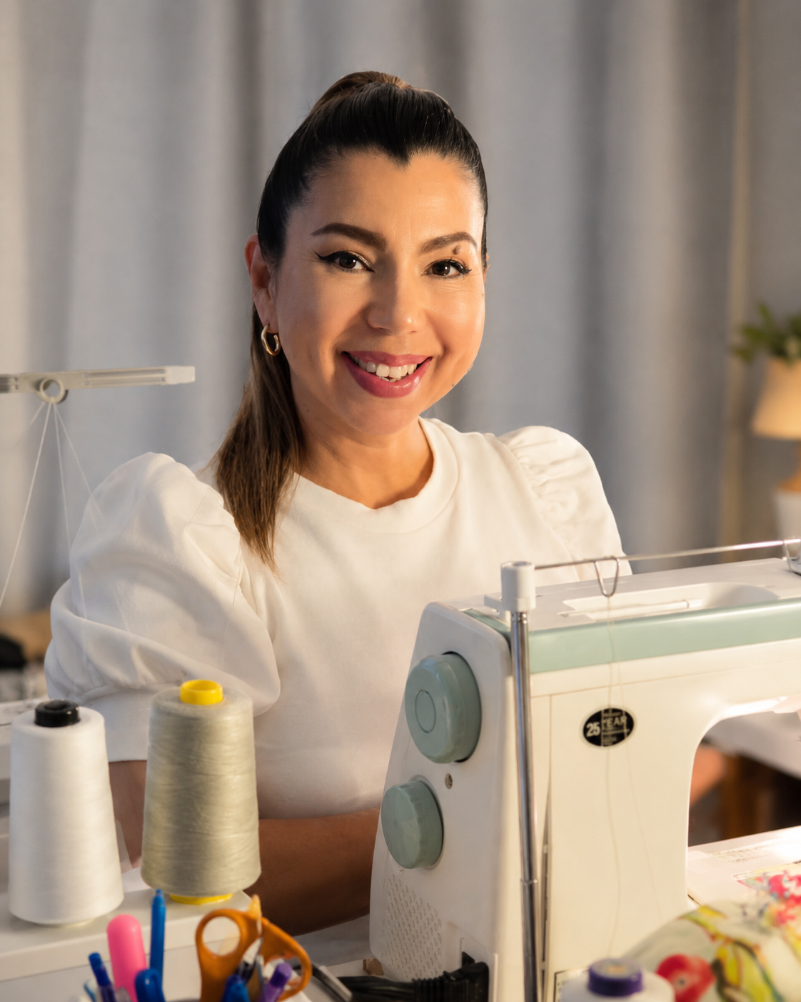 Myrna Young at her sewing table
